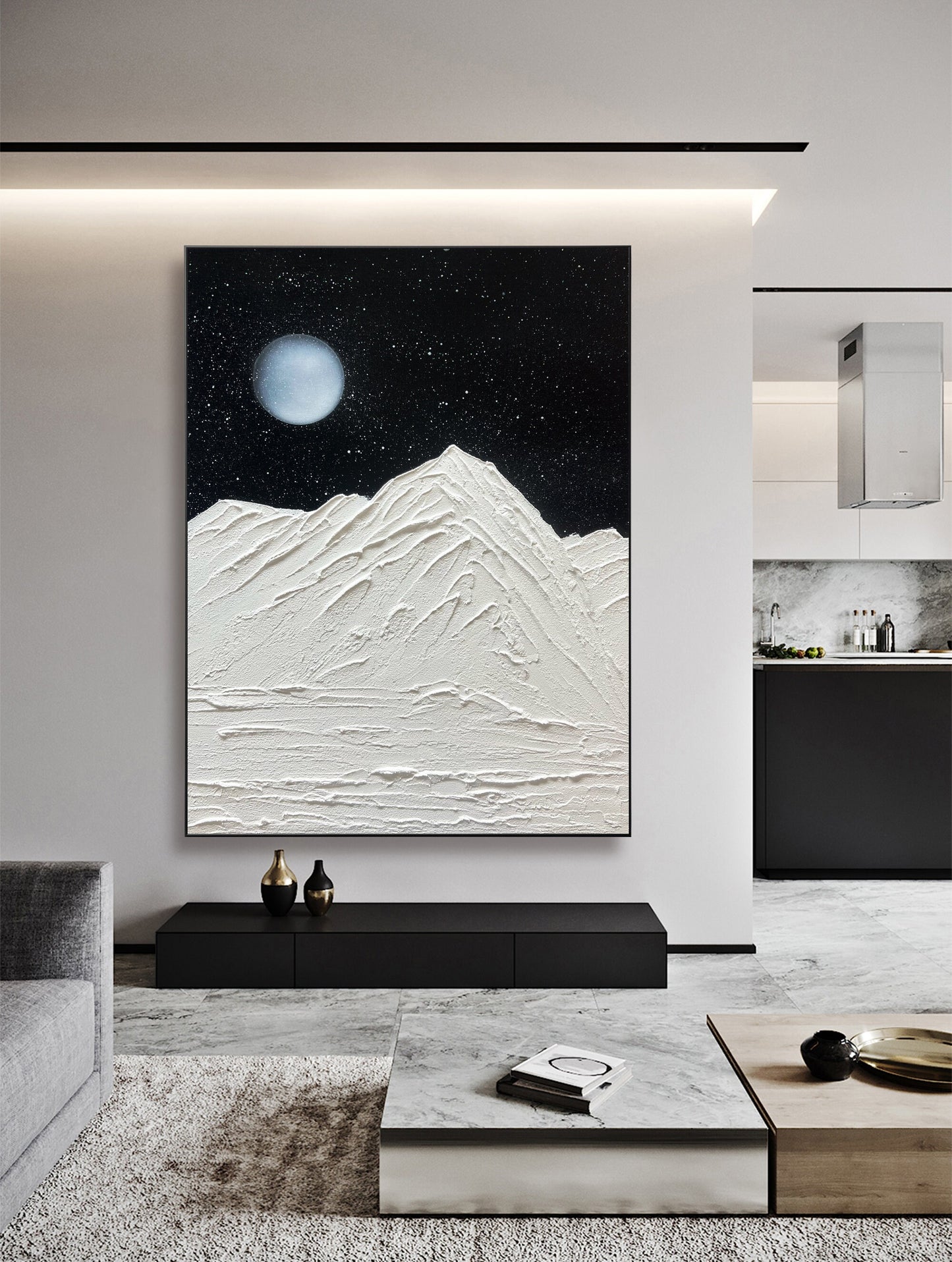 Abstract Starry Sky Oil Painting ,Full Moon Black 3D textured wall art , Living Room Decor