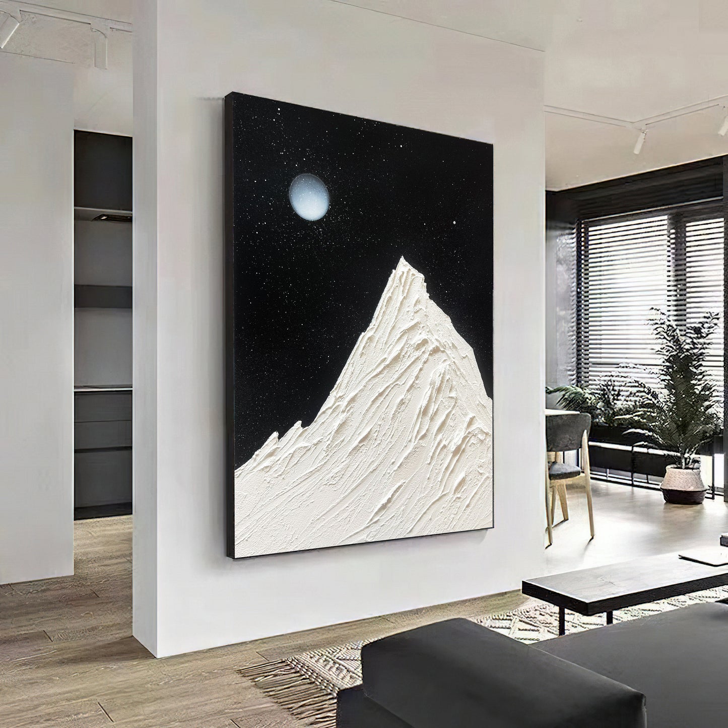 Abstract Starry Sky Oil Painting ,Full Moon Black 3D textured wall art , Living Room Decor