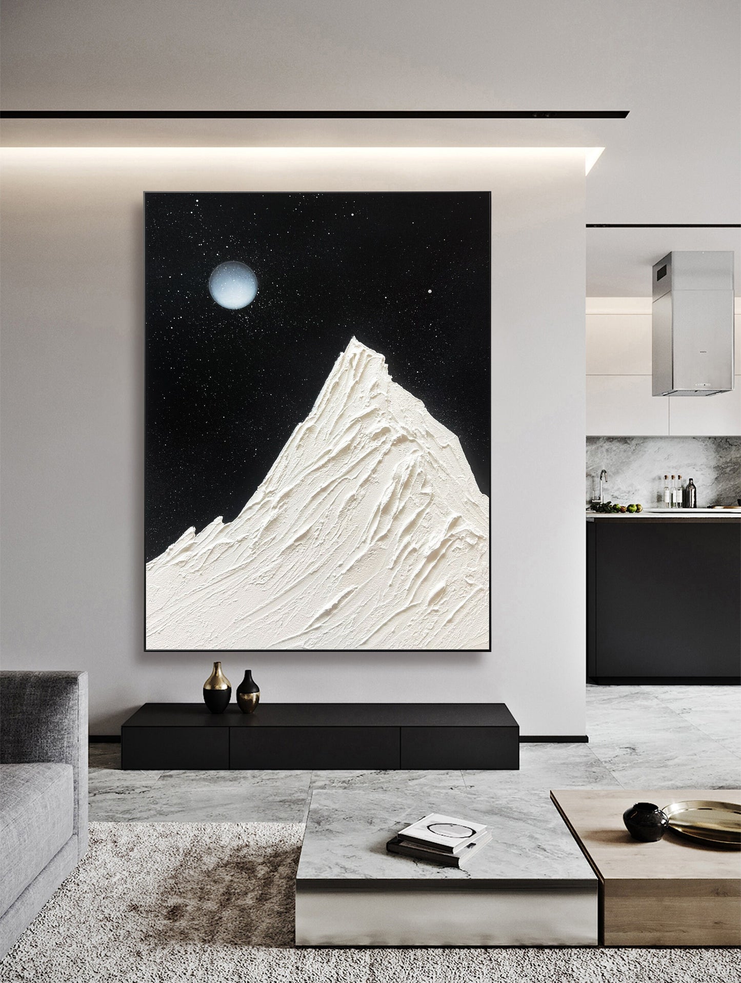 Abstract Starry Sky Oil Painting ,Full Moon Black 3D textured wall art , Living Room Decor