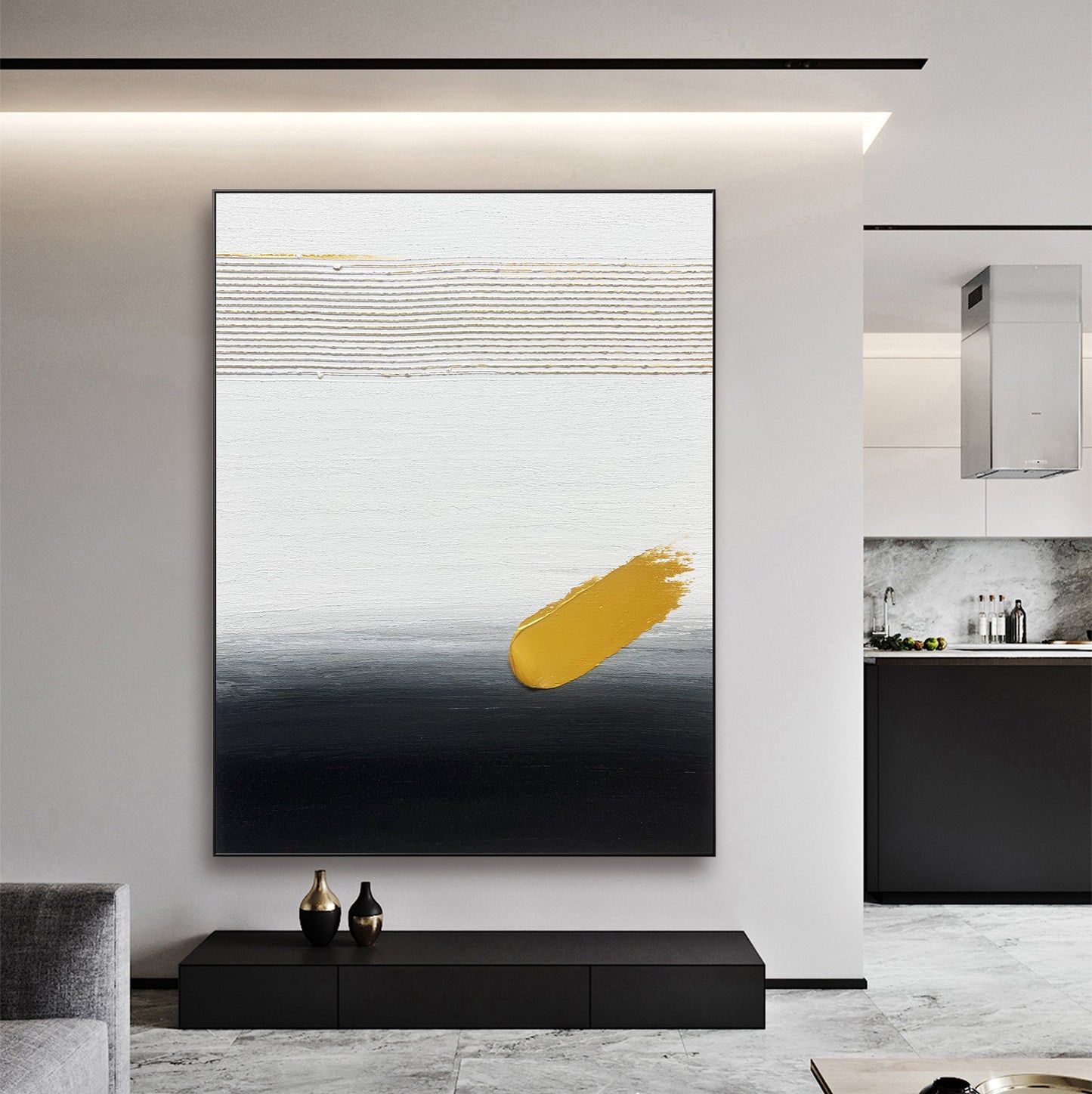 Large Original Gold and black abstract Art Gold white Minimalist Painting