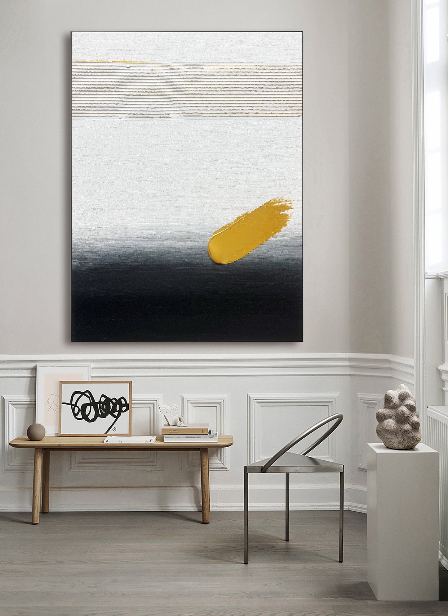 Large Original Gold and black abstract Art Gold white Minimalist Painting