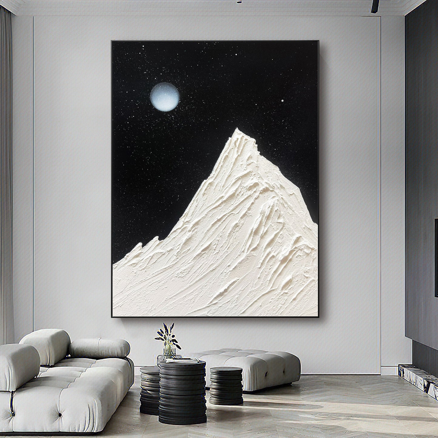 Abstract Starry Sky Oil Painting ,Full Moon Black 3D textured wall art , Living Room Decor